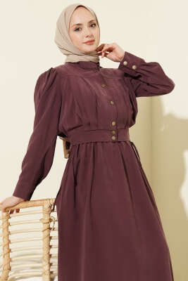 Pile Detaylı Jile Elbise Takım Mürdüm - Elbise