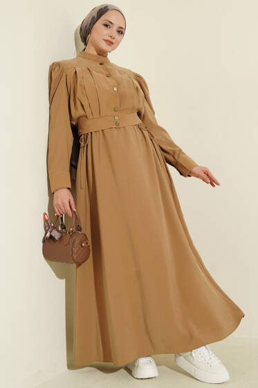 Pile Detaylı Jile Elbise Takım Yağ Yeşili - Elbise