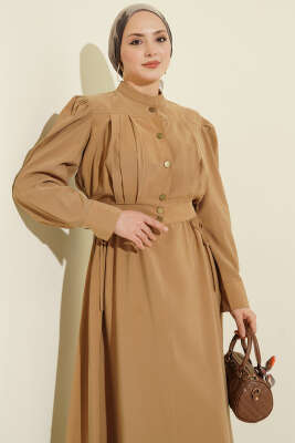 Pile Detaylı Jile Elbise Takım Yağ Yeşili - Elbise