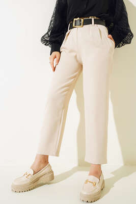 Pile Detaylı Kemerli Cepli Pantolon Bej - Pantolon