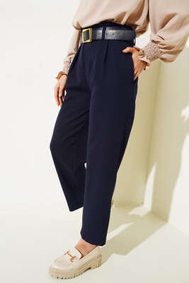 Pile Detaylı Kemerli Cepli Pantolon Lacivert - Pantolon