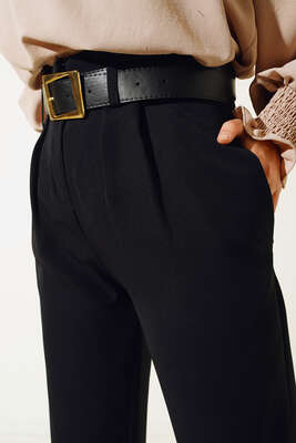 Pile Detaylı Kemerli Cepli Pantolon Siyah - Pantolon