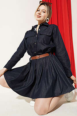 Pile Detaylı Kemerli Kot Elbise Kot - Kadın Giyim Modelleri