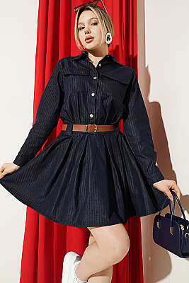 Pile Detaylı Kemerli Kot Elbise Kot - Kadın Giyim Modelleri