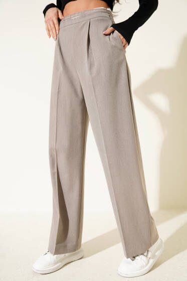 Pile Detaylı Palazzo Kumaş Pantolon Bej - Kadın Giyim Modelleri