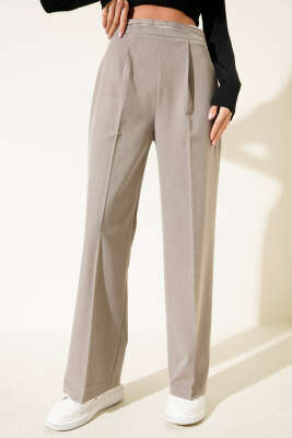 Pile Detaylı Palazzo Kumaş Pantolon Bej - Kadın Giyim Modelleri