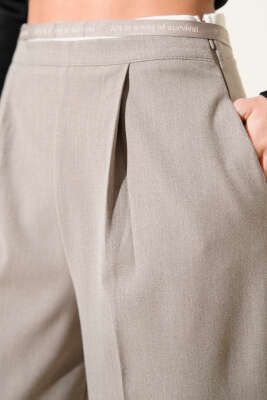 Pile Detaylı Palazzo Kumaş Pantolon Bej - Kadın Giyim Modelleri