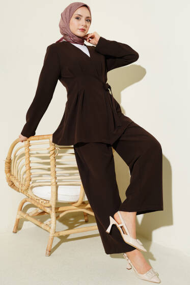Pile Detaylı Yandan Bağlamlı İkili Takım Acı Kahve - İkili Takım