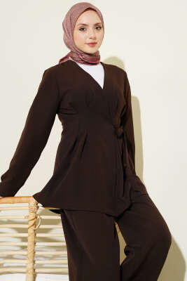 Pile Detaylı Yandan Bağlamlı İkili Takım Acı Kahve - İkili Takım