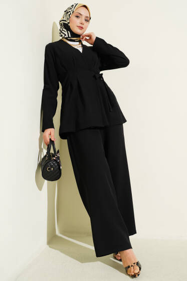 Pile Detaylı Yandan Bağlamlı İkili Takım Siyah - İkili Takım