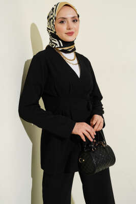 Pile Detaylı Yandan Bağlamlı İkili Takım Siyah - İkili Takım