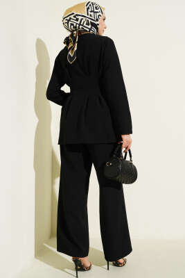 Pile Detaylı Yandan Bağlamlı İkili Takım Siyah - İkili Takım