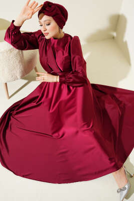 Pile Yakalı Taş Detaylı Saten Abiye Elbise Bordo 