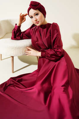 Pile Yakalı Taş Detaylı Saten Abiye Elbise Bordo - Tesettür Elbise