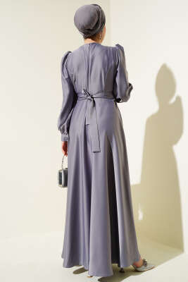 Pile Yakalı Taş Detaylı Saten Abiye Elbise Gri - Tesettür Elbise