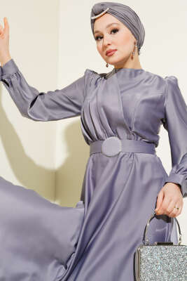 Pile Yakalı Taş Detaylı Saten Abiye Elbise Gri - Tesettür Elbise