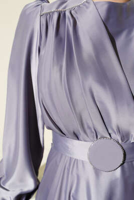 Pile Yakalı Taş Detaylı Saten Abiye Elbise Gri - Tesettür Elbise