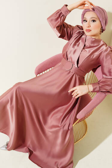 Pile Yakalı Taş Detaylı Saten Abiye Elbise Gül Kurusu - Elbise