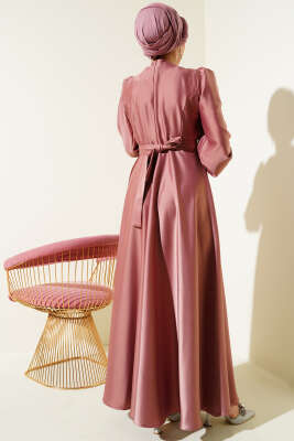 Pile Yakalı Taş Detaylı Saten Abiye Elbise Gül Kurusu - Tesettür Elbise