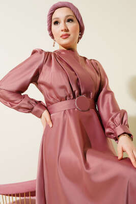 Pile Yakalı Taş Detaylı Saten Abiye Elbise Gül Kurusu - Tesettür Elbise