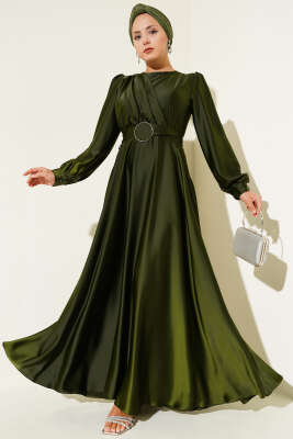 Pile Yakalı Taş Detaylı Saten Abiye Elbise Haki