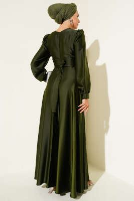 Pile Yakalı Taş Detaylı Saten Abiye Elbise Haki - Tesettür Elbise