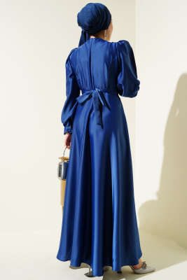 Pile Yakalı Taş Detaylı Saten Abiye Elbise İndigo - Tesettür Elbise