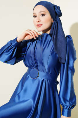 Pile Yakalı Taş Detaylı Saten Abiye Elbise İndigo - Tesettür Elbise