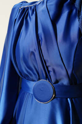 Pile Yakalı Taş Detaylı Saten Abiye Elbise İndigo - Tesettür Elbise