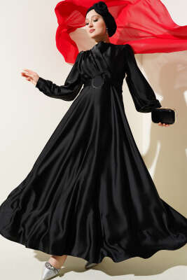 Pile Yakalı Taş Detaylı Saten Abiye Elbise Siyah - Tesettür Elbise