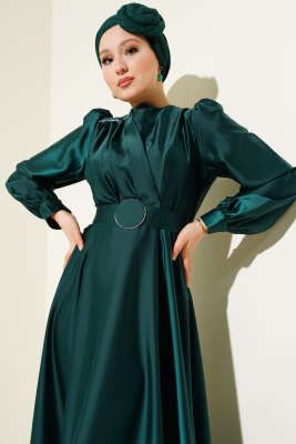 Pile Yakalı Taş Detaylı Saten Abiye Elbise Zümrüt - Tesettür Elbise