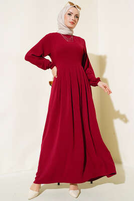 Pileli Ayrobin Elbise Bordo 