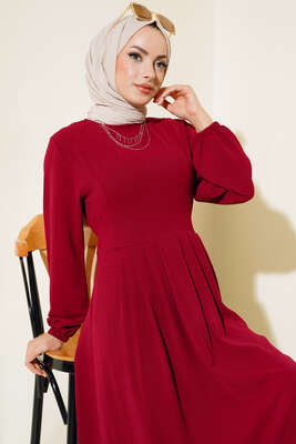 Pileli Ayrobin Elbise Bordo - Tesettür Elbise