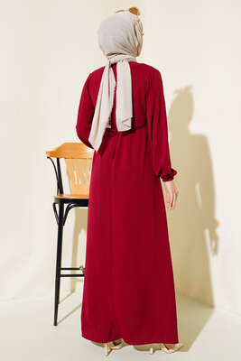 Pileli Ayrobin Elbise Bordo - Tesettür Elbise