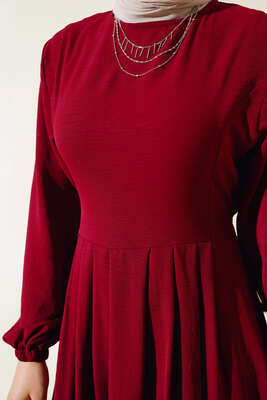 Pileli Ayrobin Elbise Bordo - Tesettür Elbise