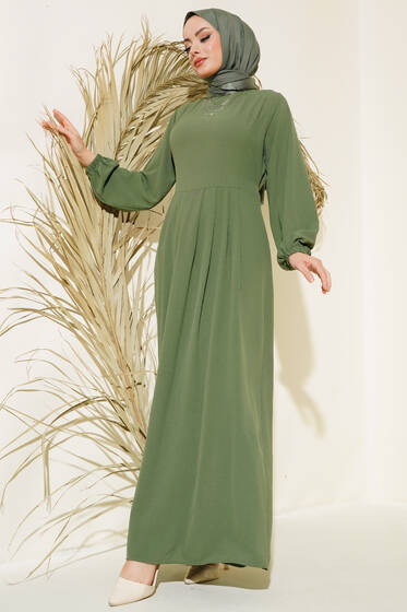 Pileli Ayrobin Elbise Haki - Elbise
