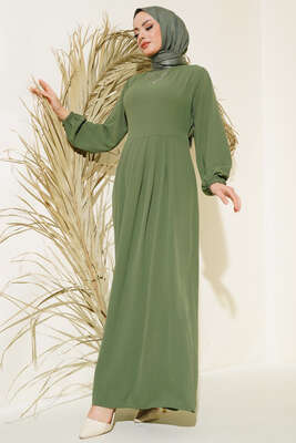 Pileli Ayrobin Elbise Haki 