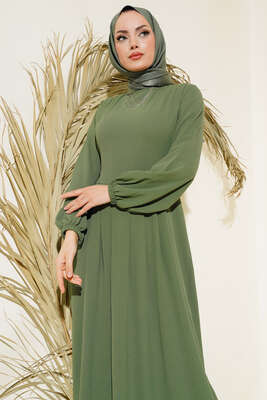 Pileli Ayrobin Elbise Haki - Tesettür Elbise