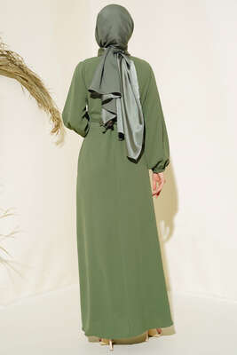 Pileli Ayrobin Elbise Haki - Tesettür Elbise