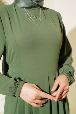 Pileli Ayrobin Elbise Haki - Tesettür Elbise