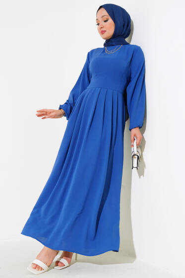 Pileli Ayrobin Elbise Indıgo - Elbise