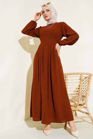 Pileli Ayrobin Elbise Kahve - Elbise