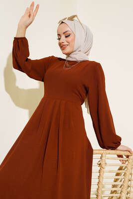 Pileli Ayrobin Elbise Kahve - Tesettür Elbise