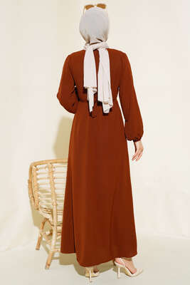 Pileli Ayrobin Elbise Kahve - Tesettür Elbise