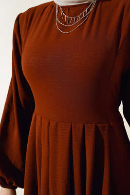 Pileli Ayrobin Elbise Kahve - Tesettür Elbise