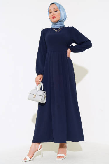 Pileli Ayrobin Elbise Koyu Lacivert - Elbise