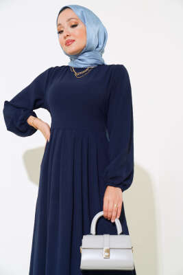 Pileli Ayrobin Elbise Koyu Lacivert - Tesettür Elbise