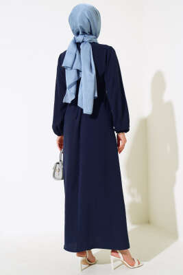 Pileli Ayrobin Elbise Koyu Lacivert - Tesettür Elbise