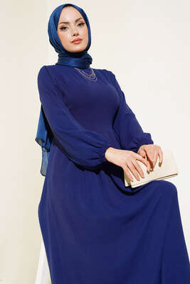 Pileli Ayrobin Elbise Lacivert - Tesettür Elbise
