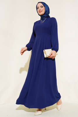 Pileli Ayrobin Elbise Lacivert - Tesettür Elbise